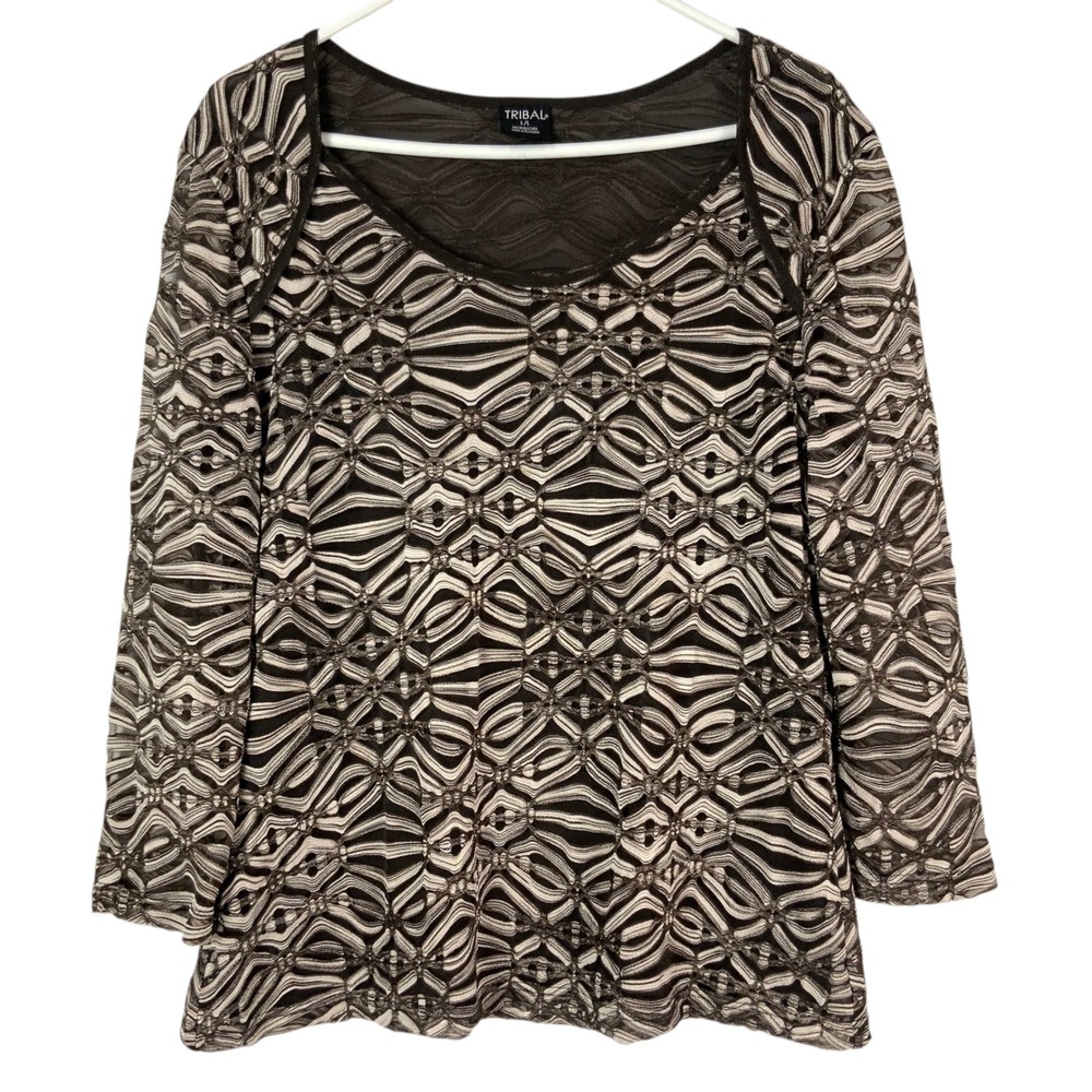 Tribal Brown Cream Geometric Mesh Top Large Pullover Scoop Neck 3/4 Sleeve Lined